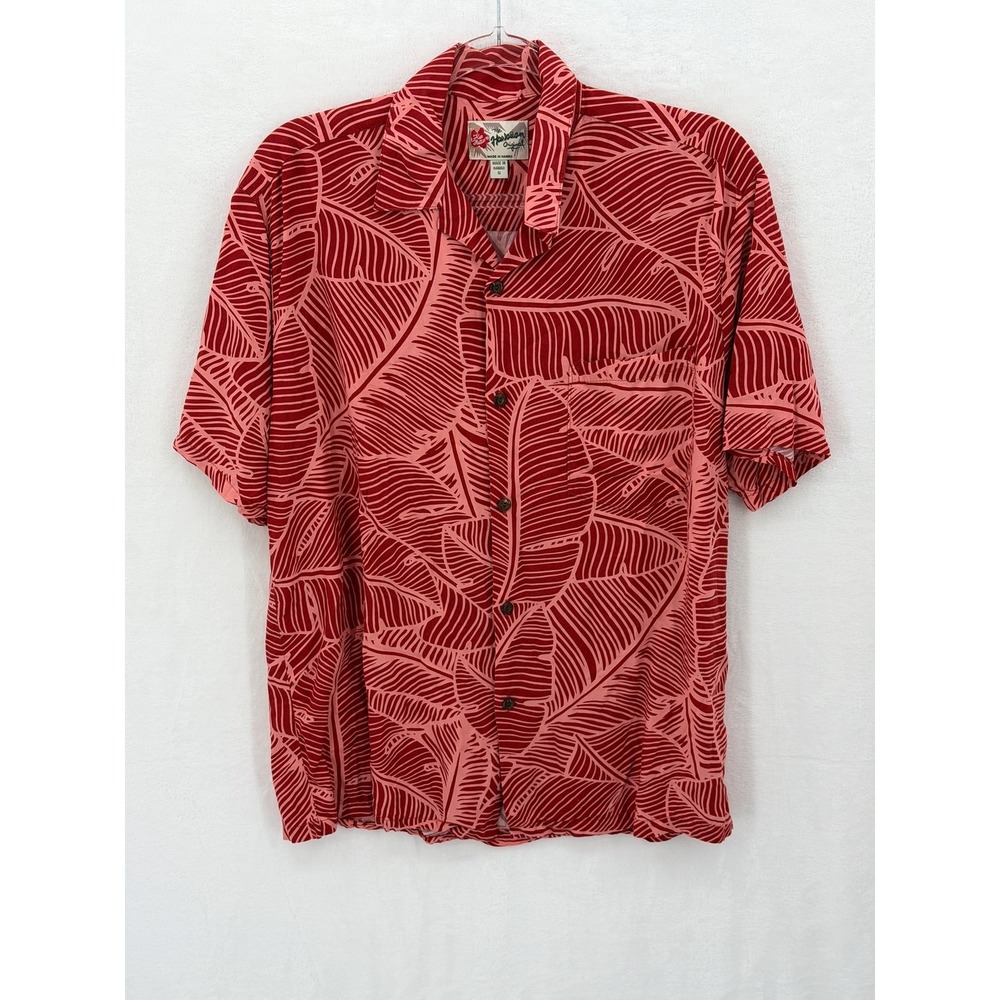 Hilo Hattie Shirt Mens Small Red Tropical Leaf Hawaiian Aloha Camp Resort Summer